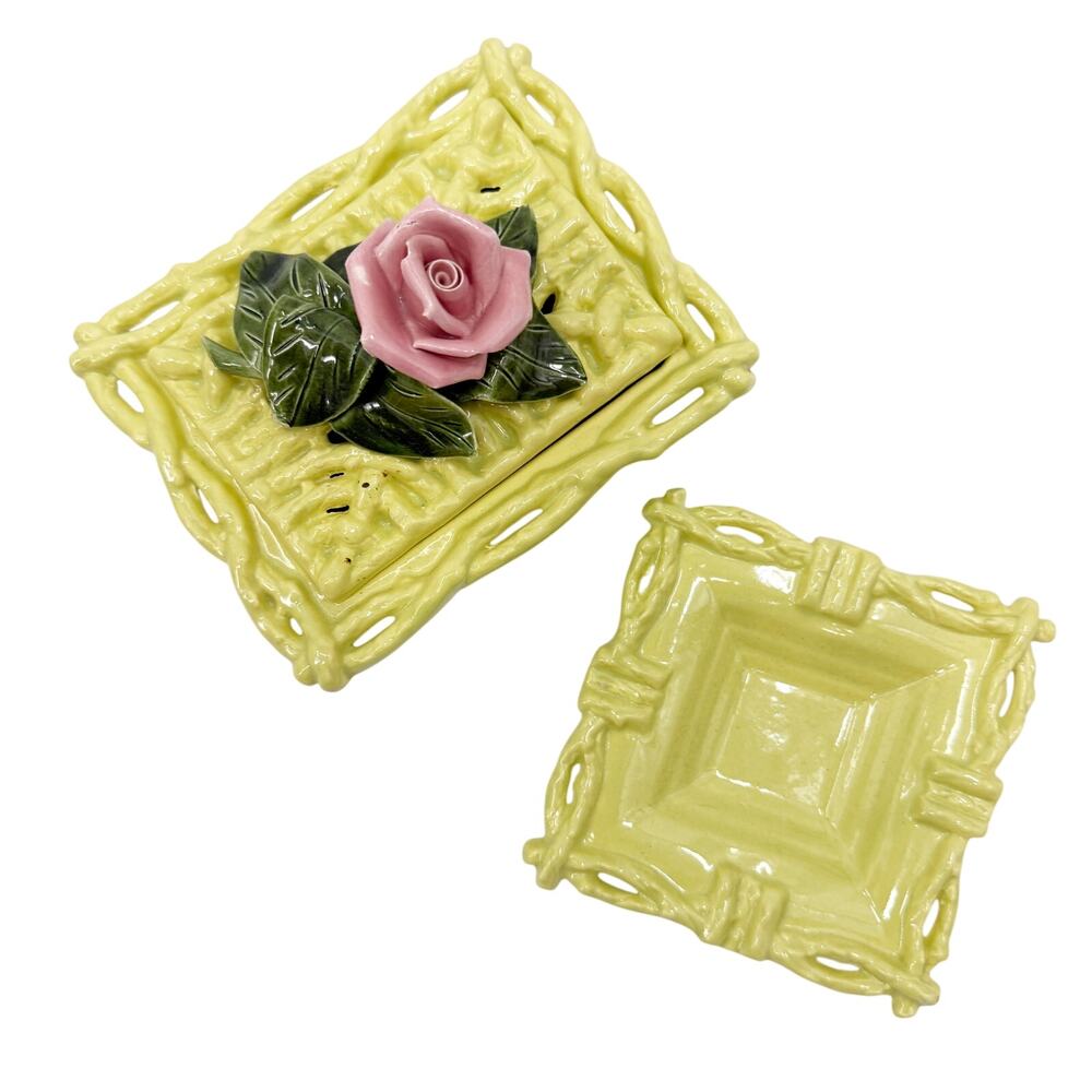 vintage yellow pink & green Frazier Cigarette Box and Ashtray California pottery